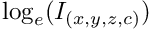 $\mathrm{log}_{e}(I_{(x,y,z,c)})$